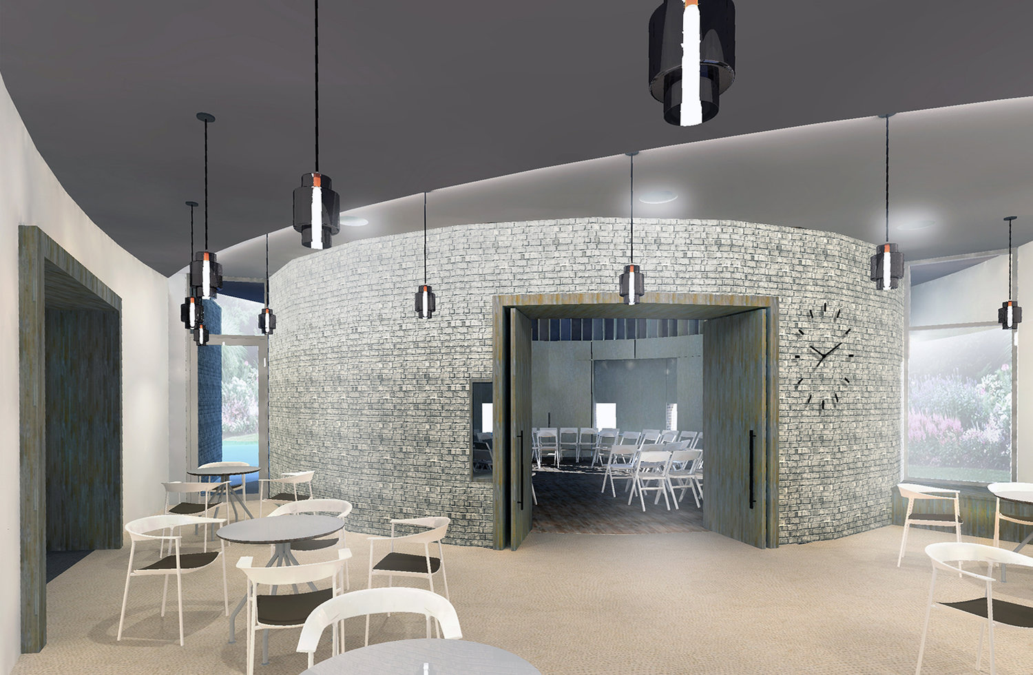 Architects 3D render of the reception area in an ICF Building in Hammersmith